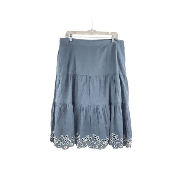 Isaac Mizrahi Live! Tiered Skirt LP Blue Embroidered Hem Cotton Blend Boho - Picture 6 of 6